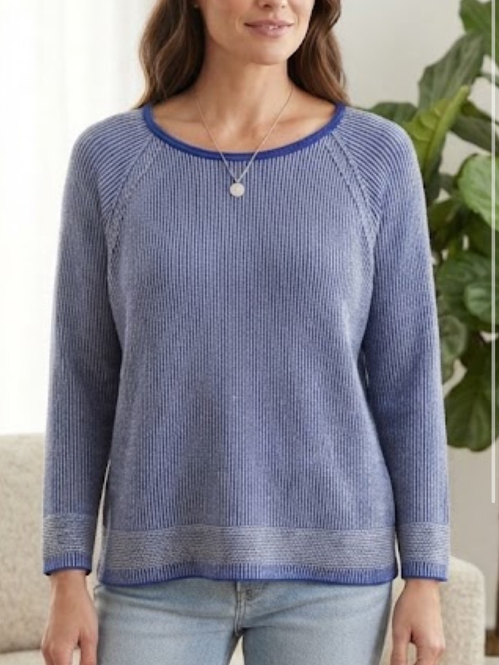 Poetry Fashion Two-Tone Rib Knit Sweater Blue Size 16 | Organic Cotton Raglan